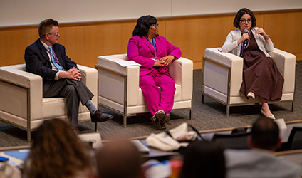 EC*REACH board chair Matt Stagner moderates a Q&A session with Angela Green and Teresa Ramos (left to right) on early childhood policy in Chicago and Illinois.