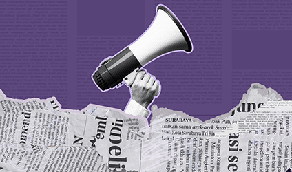 Journalism graphic of megaphone and newspaper clippings