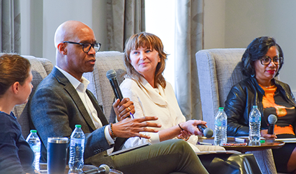 Group photo of Charles Whitaker, Louise Kiernan, and Natalie Moore