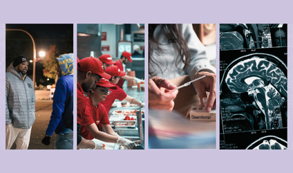 Collage of men talking, fast food workers, a water testing kit, and a brain x-ray