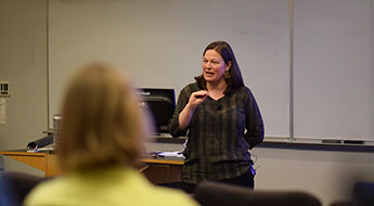 Christine Percheski speaking at Northwestern