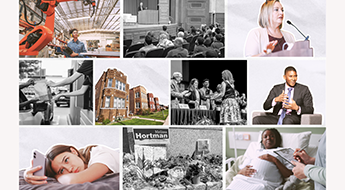 A collage of ten images representing IPR’s 2025 research and events, including a robotics lab, a public lecture, faculty speaking, community and policy work, maternal health and teen mental health contexts, neighborhood housing, academic ceremonies, and a memorial site.